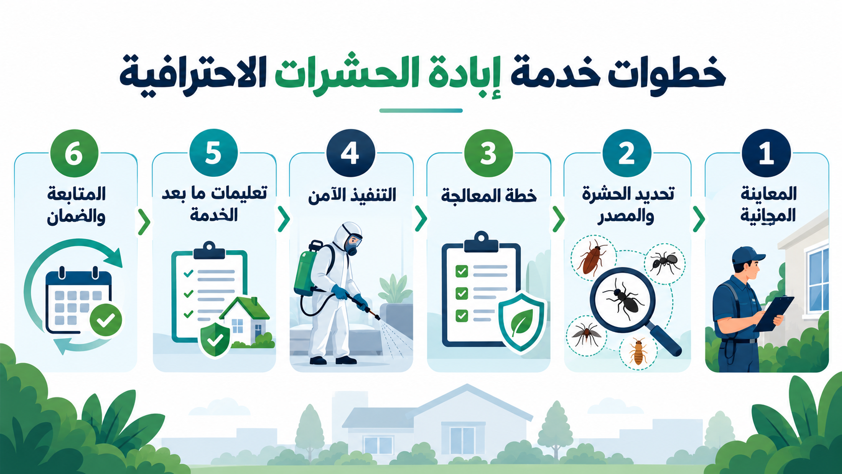 رسم يوضح خطوات خدمة إبادة الحشرات الاحترافية من المعاينة المجانية إلى المتابعة والضمان المكتوب